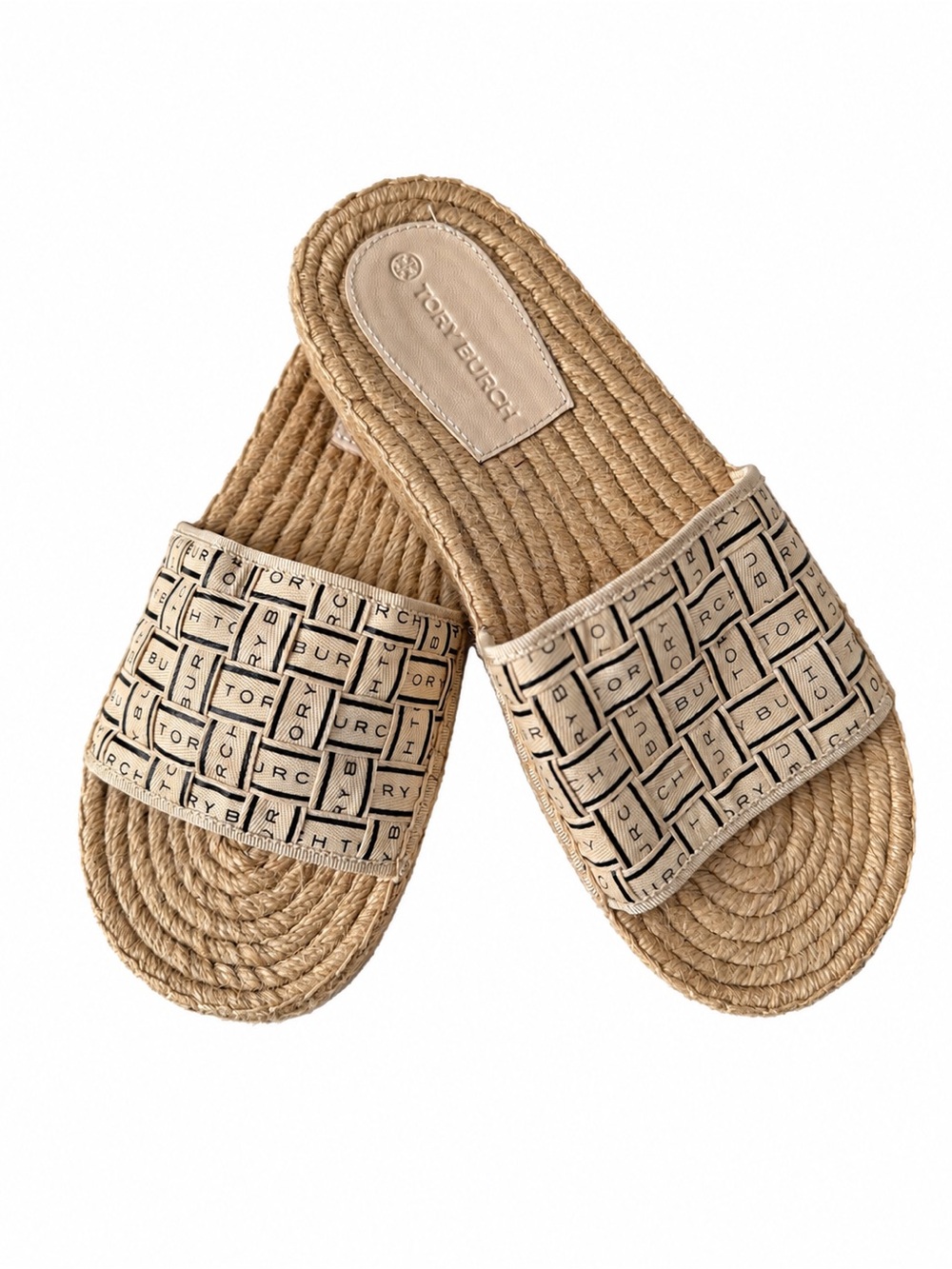 Tory Burch Woven Espadrille Slide Sandals – Tan & Black